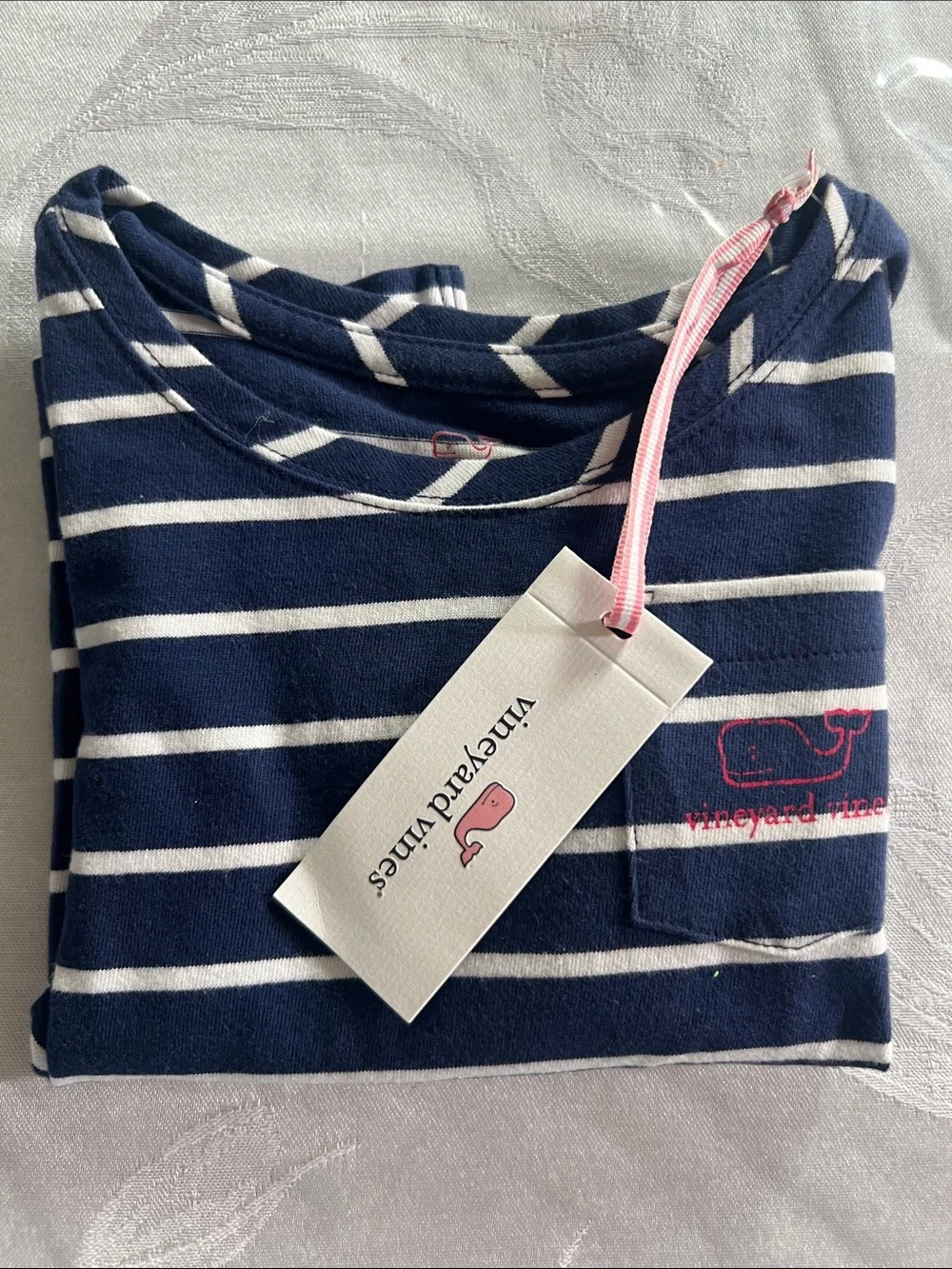 Vineyard Vines Navy & White Striped Long-Sleeve Tee with Pink Logo Print